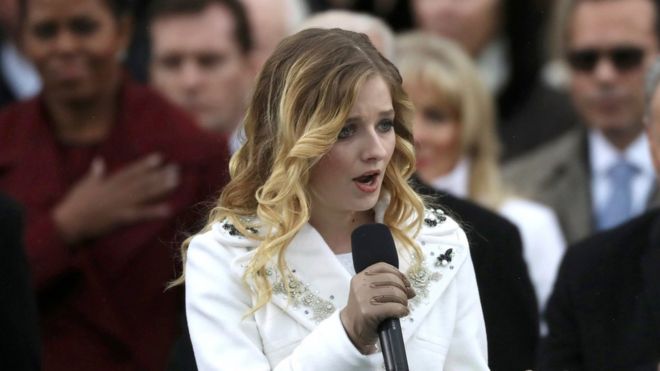 Jackie Evancho, a 16-year-old former America's Got Talent contestant, sings the US national anthem at the ceremony