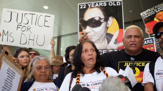 Relatives of Ms Dhu participate in a protest outside the coroner's court in Perth, Australia, 16 December 2016