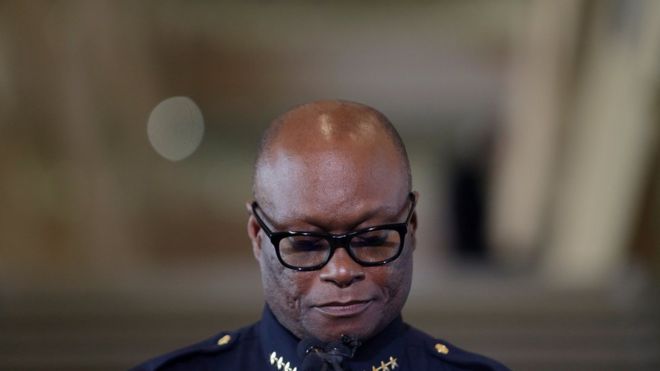 Dallas Police Chief David Brown collects himself while talking about Thursday night's shooting during a news conference, Friday, July 8, 2016, in Dallas.