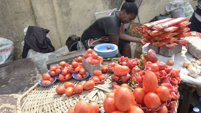 Tomatoes for sale in the Obalende district of Lagos. 25 May 2015