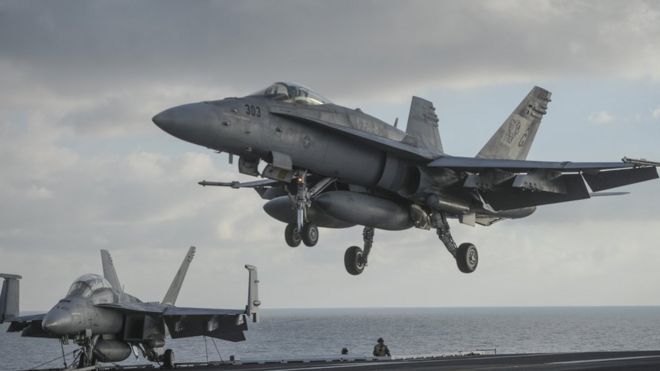 Nuclear-powered aircraft carrier USS Harry S. Truman during a visit by Ukraine's prime minister at at an undisclosed position in the Mediterranean Sea, south of Sicily