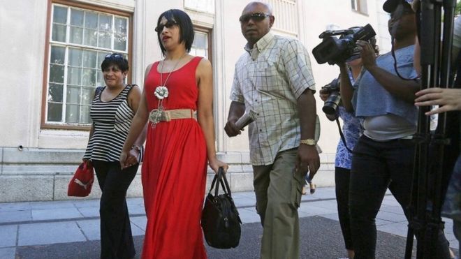 This file photo taken on February 27, 2015 shows Celeste Nurse leaving the Cape Town magistrates court with family members, after attending a hearing during which a 50-year old woman appeared for allegedly kidnapping her daughter