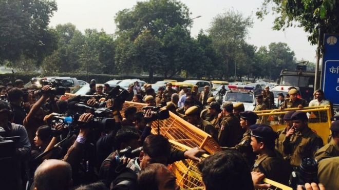 Media and police at the Patiala court house