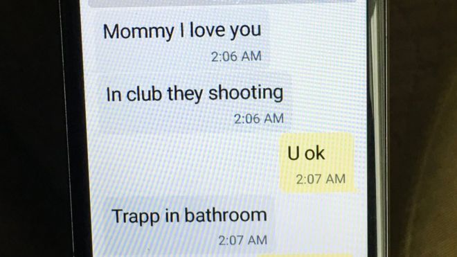 Mina Justice shows a text message she received from her son Eddie Justice at Pulse nightclub during a fatal shooting in Orlando, Fla., Sunday, June 12, 2016.