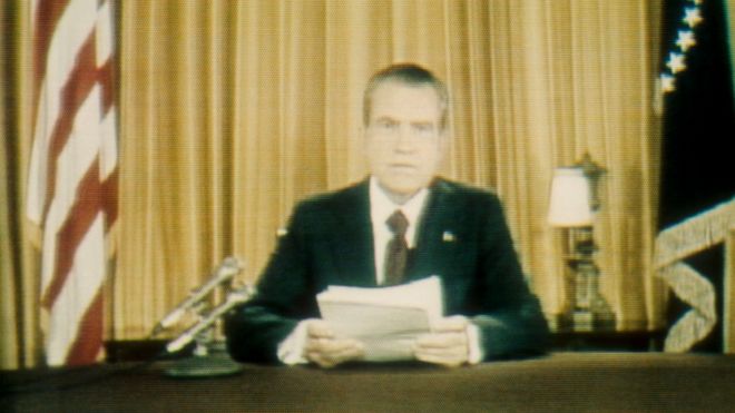 President Richard Nixon addresses the cameras in 1973