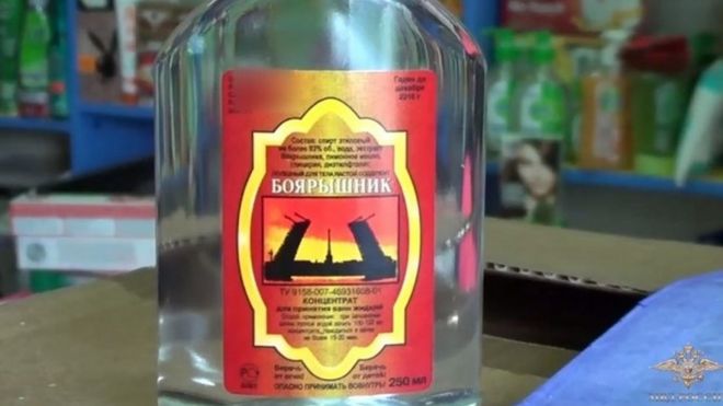 A bottle of hawthorn bath essence, confiscated during an operation checking all private stores selling alcohol in Irkutsk, Russia (19 December 2016)