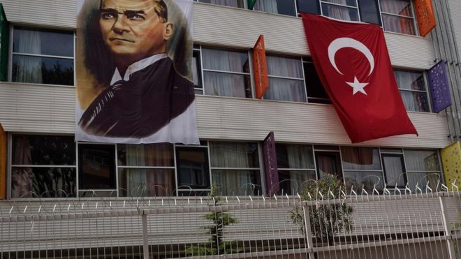 A portrait of Mustafa Kemal Ataturk hangs next to a Turkish flag on the outside of a religious school in Istanbul