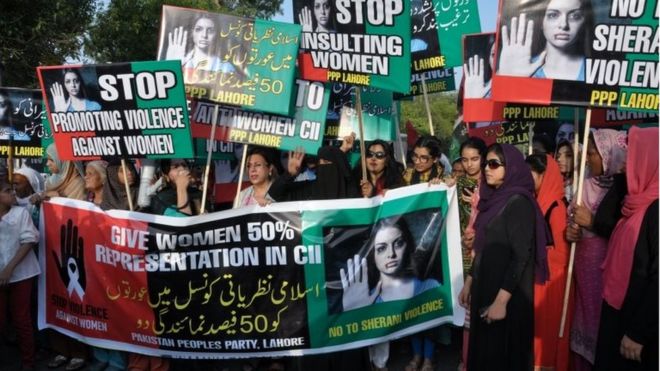 Supporters of Pakistan People's party rally to condemn violence against women, in Lahore, Pakistan, Friday, June 3, 2016.