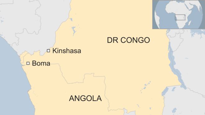 Map showing Boma in south-western DR Congo, on the border with Angola