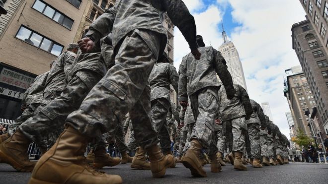 US soldiers march during Veterans Day Parade in New York on November 11, 2014