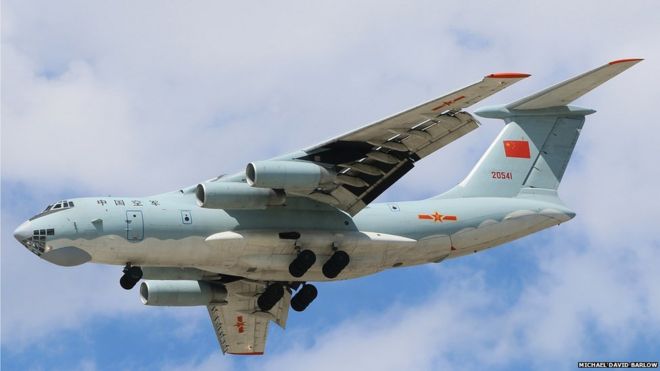 Photo taken by plane-spotter Michael Barlow showing Chinese Air Force Ilyushin IL-76 aircraft landing at Perth International Airport.