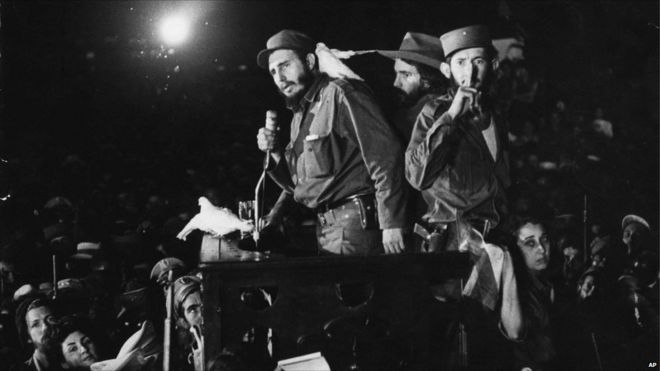 Cuban revolutionary leader Fidel Castro spekas to supporters Jan. 8, 1959 at the Batista military base Columbia, now known as Ciudad Libertad