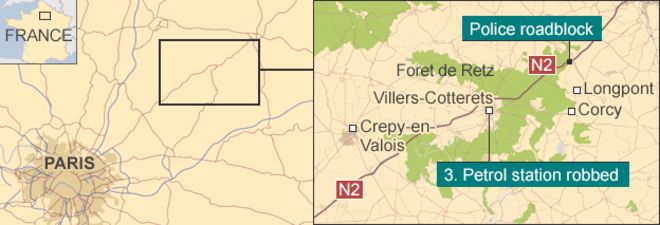Map showing the location of the petrol station robbery