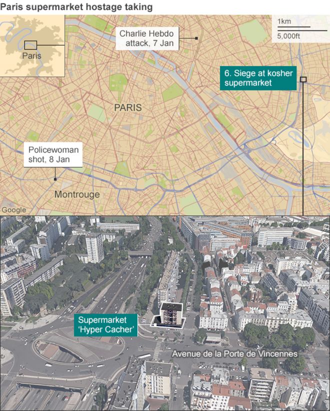 Map showing the location of the supermarket siege