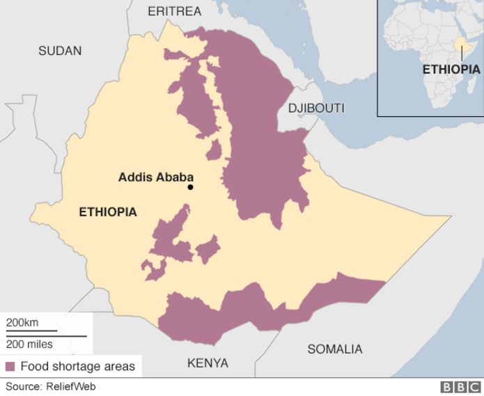 Map of food shortage areas in Ethiopia