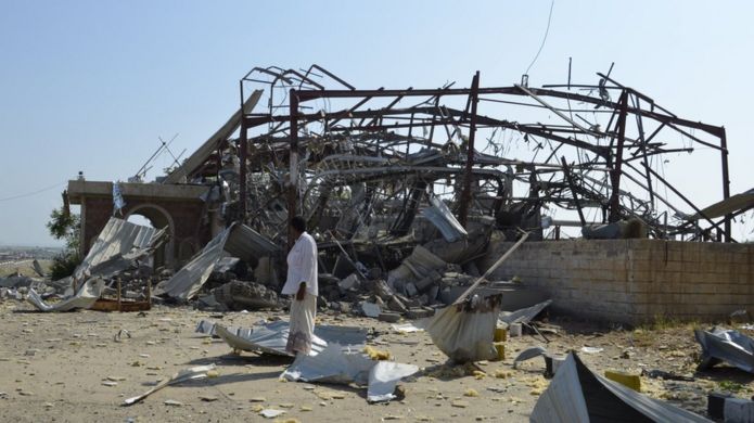 A state broadcasting centre after Saudi-led air strikes destroyed
