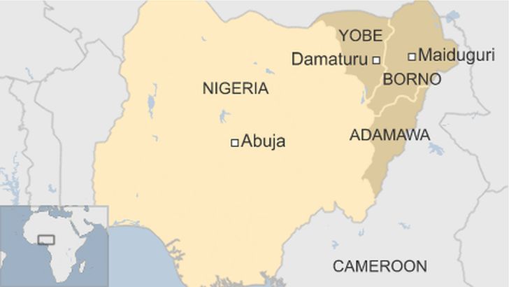 Map of Nigeria, showing Damaturu and Maiduguri
