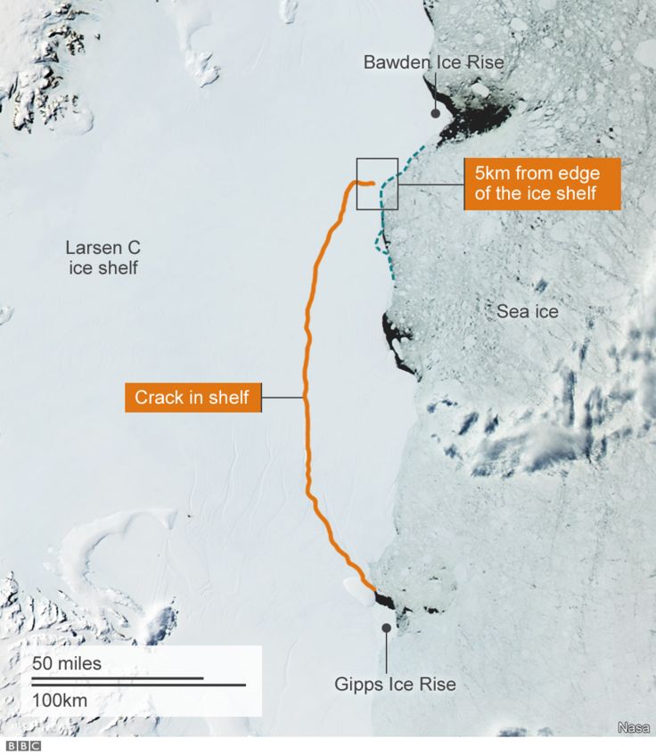 Satellite image with a line showing the crack in the Larsen C iceshelf
