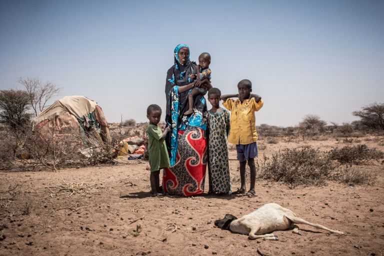 Milgo stands with her four children in front of a sheep that has died due to the drought