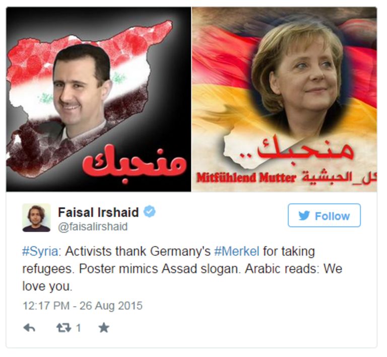 Some users adapted a poster and slogan used by Syrian President Bashar al-Assad to hail Merkel instead. Others compared the German leader to the Christian king Negus of Abyssinia, who sheltered Muslims. One Facebook user wrote: 