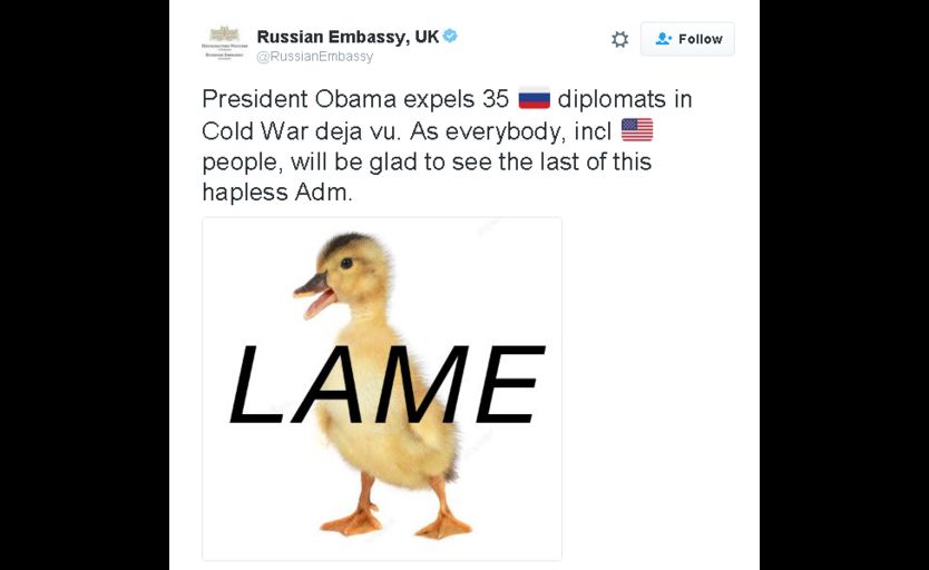 Russian Embassy tweets: President Obama expels 35 🇷ussian diplomats in Cold War deja vu. As everybody, incl american people, will be glad to see the last of this hapless Adm.