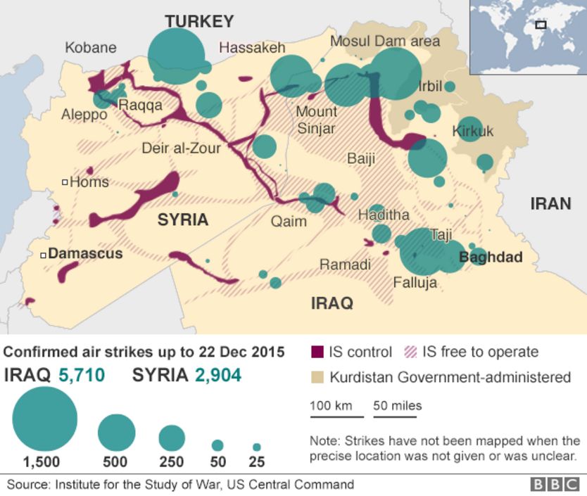 Map showing air strikes in Iraq and Syria