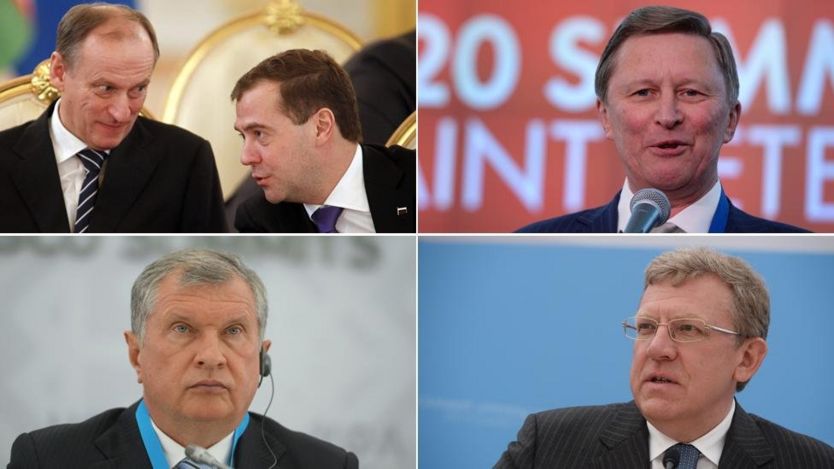 The inner circle (clockwise from top left): Nikolai Patrushev and Dmitry Medvedev, Sergei Ivanov, Alexei Krudin, Igor Sechin