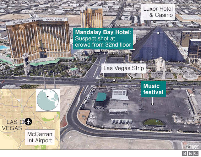 Map showing Mandalay Bay, Luxor Hotel and location of music festival being held opposite
