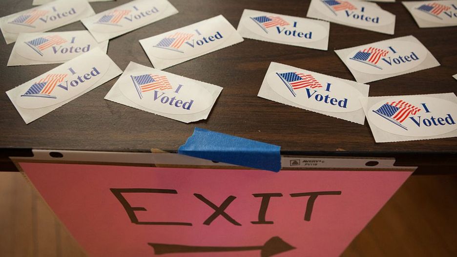 Stickers for voters are seen at a polling place inside Northfield Town Hall on March 01, 2016 in Northfield, Massachusetts.