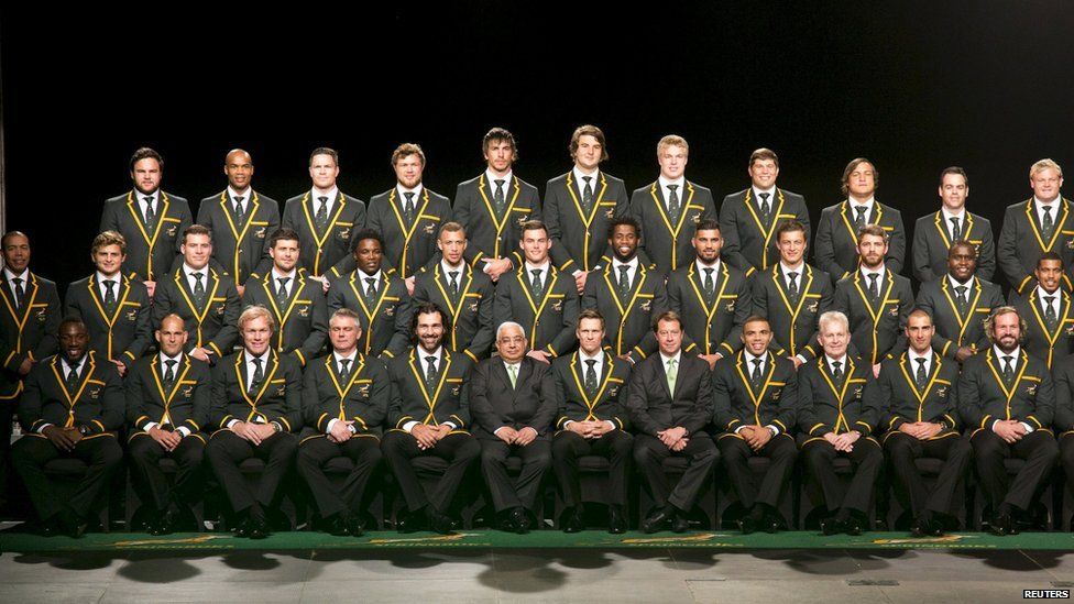 The Springbok rugby team to represent South Africa in the Rugby World Cup pose for a picture in Durban