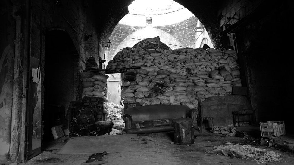 Sandbag wall in Old City of Aleppo