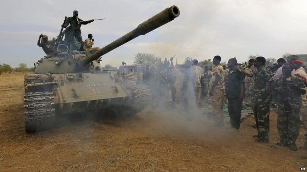 Sudanese soldiers celebrate after recapturing an area of South Kordofan from ethnic minority rebels - 20 May 2014