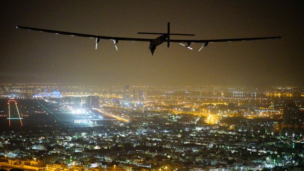 Solar Impulse 2, a solar-powered airplane, piloted by Swiss pioneer Bertrand Piccardis seen as it lands in Abu Dhabi