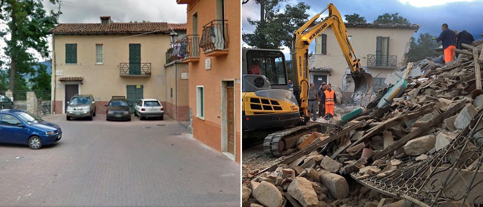 An image of a house in Amatrice before and after the earthquake in central Italy – 24 August 2016