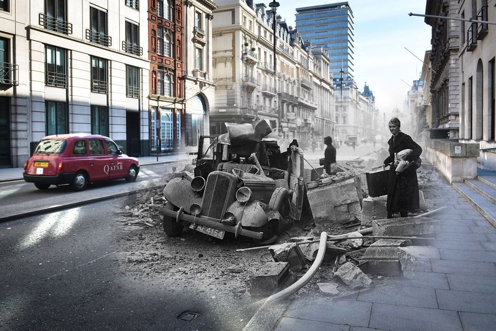 In this digital composite image a comparison has been made between a London scene during the Blitz of 1940-1941 and present day, to remember the 75th anniversary of the end of the Blitz in London on 11 May 2016.