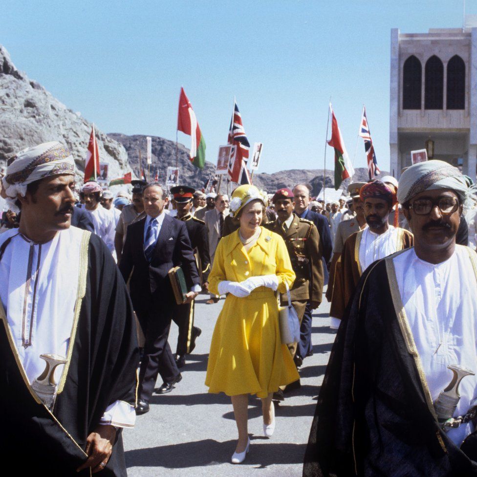 Queen Elizabeth II during a walkabout in Muscat while visiting Oman