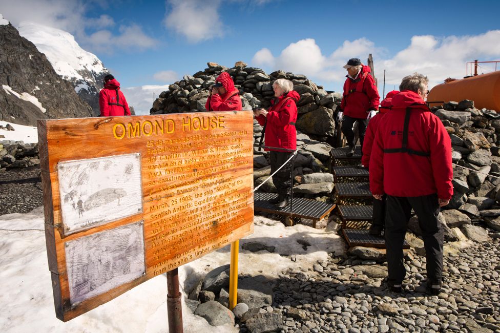 Scientists visit Omond House, Antarctica