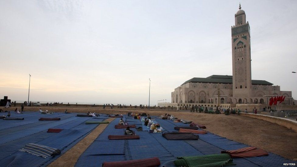 Islamic prayer rugs near the Hassan II Mosque for the faithful in Casablanca