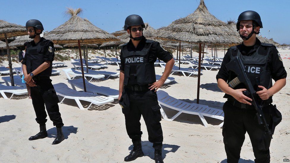 Armed police on beach at Sousse. 3 July 2015