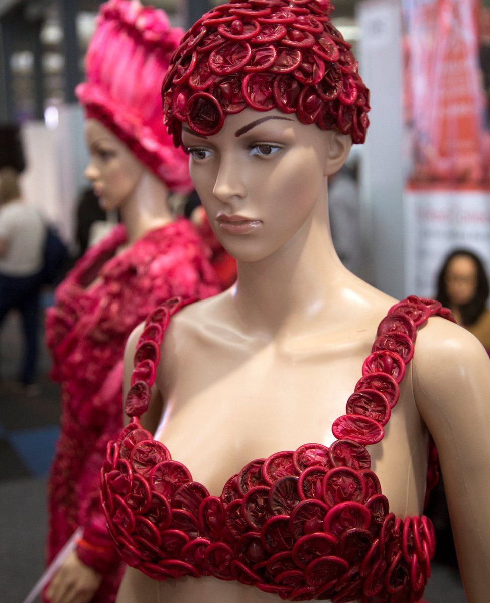 Clothing made from condoms are on display at the International Aids Conference in Durban, South Africa - Monday 18 July 2016