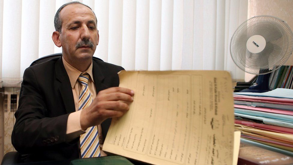 Abed al-Kader Ahmad al-Khateeb looking at papers