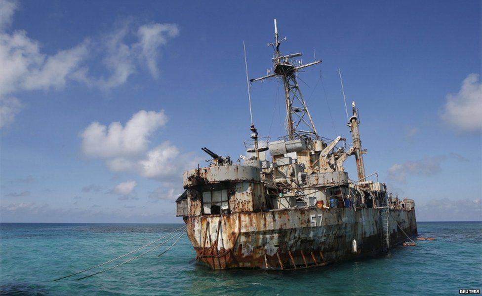 The BRP Sierra Madre, a marooned transport ship which Philippine Marines live on as a military outpost, is pictured in the disputed Second Thomas Shoal, part of the Spratly Islands in the South China Sea in this 30 March 2014 file photo