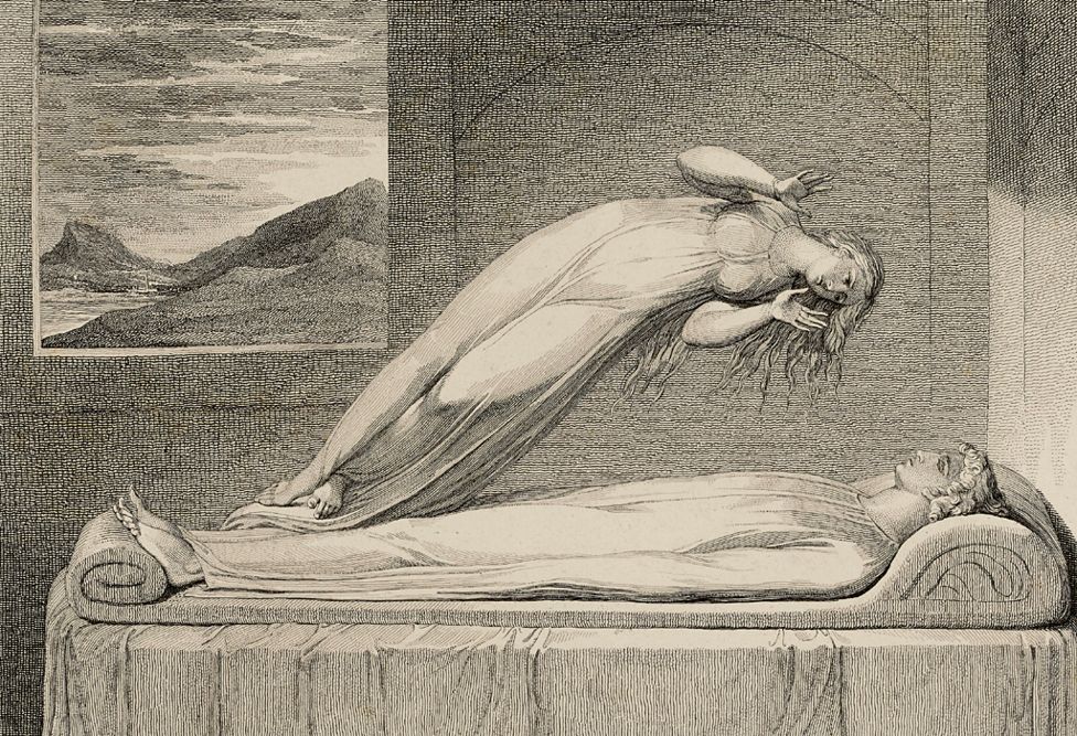 The Soul hoverng over the Body reluctantly parting with Life. Print Luigi Schiavonetti, After William Blake