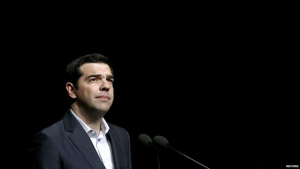 Greek Prime Minister Alexis Tsipras looks on during his speech at the annual conference of the Hellenic Federation of Enterprises in Athens, Greece in this May 18, 2015