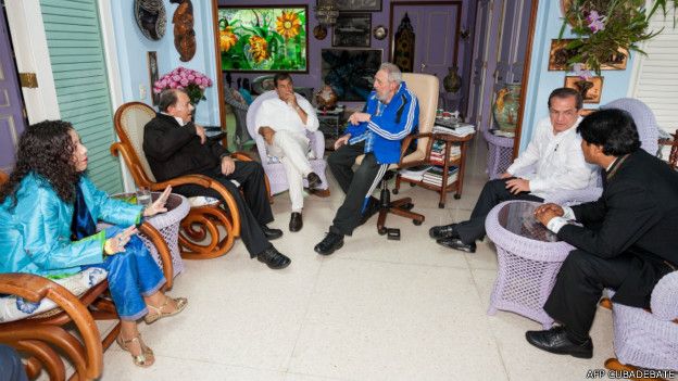 Fidel Castro con los presidentes de Nicaragua, Ecuador y Bolivia en enero de 2014
