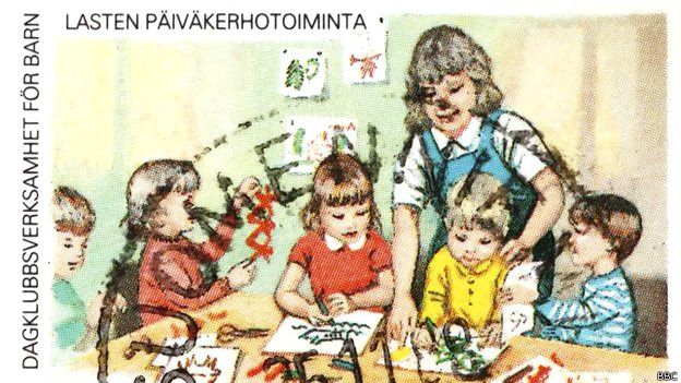 Estampilla mostrando una clase en Finlandia