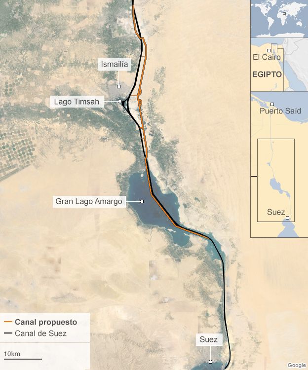 Mapa del nuevo Canal de Suez
