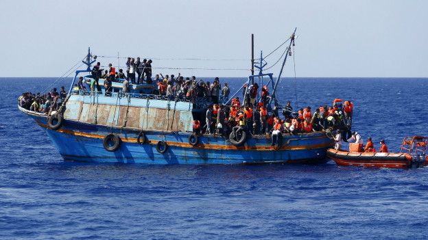 Barco cargado con migrantes