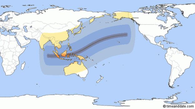Mapa que muestra el recorrido del eclipse solar.