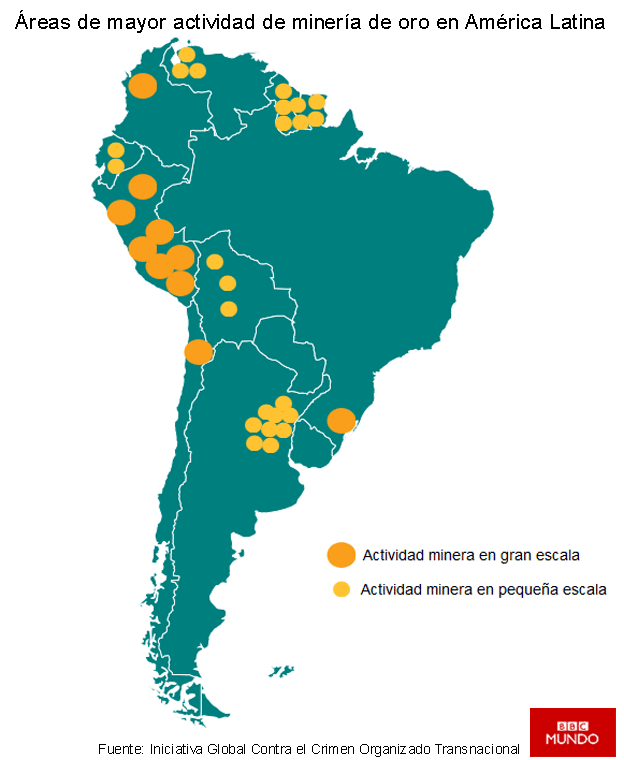Mapa de actividades mineras en Sudamérica